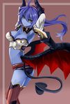  arms_up asmodeus_(shinrabanshou) black_sclera blue_hair blue_skin breasts demon_tail haik highres horns large_breasts long_hair shinrabanshou smile solo tail wings yellow_eyes 