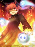  animal_ears bad_id bad_pixiv_id braid cat_ears fang fire flame kaenbyou_rin nanami_ruri open_mouth red_eyes red_hair skull smile solo touhou twin_braids 