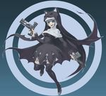  1girl animal_ears animal_hood bat_wings black_eyes black_legwear blue_eyes breasts digimon dress fang gun habit hood kazkazkaz lipstick makeup medium_breasts nail_polish nun sharp_teeth short_hair sistermon_noir smile solo teeth thighhighs weapon wings 