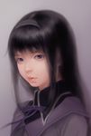  akemi_homura black_hair hairband highres lips long_hair looking_at_viewer magical_girl mahou_shoujo_madoka_magica onomachi portrait purple_eyes realistic ribbon simple_background solo 