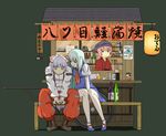  alcohol arm_garter beer blue_hair blush boots bottle bow can car chen chopsticks dish dress drunk food food_stand fujiwara_no_mokou green_background ground_vehicle hair_bow hair_ribbon hakurei_reimu head_scarf japanese_clothes jitome kamishirasawa_keine kawashiro_nitori kimono lantern long_hair maguro_(mawaru_sushi) maneki-neko motor_vehicle multiple_girls mystia_lorelei no_hat no_headwear noren okamisty open_mouth pants pink_eyes pink_hair red_eyes ribbon sake short_hair silver_hair simple_background sitting suspenders sweatdrop tasuki touhou very_long_hair wheel white_hair wings yatai yukata yukkuri_shiteitte_ne 