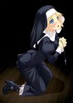  blonde_hair blue_eyes blush cross double_penetration f-ism habit high_heels highres impossible_clothes kneeling leaning_forward murakami_suigun nun open_mouth praying rosary shadow shoes short_hair solo tears vibrator_under_clothes 