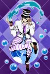  blonde_hair bubble caesar_anthonio_zeppeli crossed_legs dkaki facial_mark fingerless_gloves gloves green_eyes hat headband jacket jojo_no_kimyou_na_bouken male_focus pants sitting solo striped striped_pants water white_jacket 