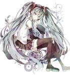  boots detached_sleeves green_eyes green_hair hatsune_miku headphones kazeotoseri long_hair necktie sitting skirt smile solo thigh_boots thighhighs twintails very_long_hair vocaloid 