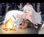  animal_ears anime_coloring boots campfire forest hat highres inubashiri_momiji letterboxed nature sachishiro_pengin scarf sitting snow solo tokin_hat touhou winter wolf wolf_ears 