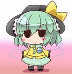  1girl :&lt; bad_id bad_pixiv_id black_eyes black_legwear blush_stickers chibi eyebrows_visible_through_hair eyes_visible_through_hair frilled_sleeves frills full_body gradient gradient_background green_hair green_skirt hat hat_ribbon heart heart_of_string highres jitome komeiji_koishi long_sleeves looking_at_viewer no_nose ribbon shirt short_hair skirt sleeves_past_wrists solid_circle_eyes solo standing third_eye touhou yellow_ribbon yellow_shirt 