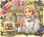  bennett_cranley blonde_hair braid character_name cookie dome earrings flower food french_braid green_eyes hair_bun hair_up interlocked_fingers jewelry lips lipstick makeup satou_toshio_(suisuisuisui) shirley_(manga) shirt shop short_hair smile solo stud_earrings victorian 