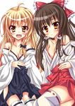  alternate_costume bare_shoulders blonde_hair blush breasts brown_eyes brown_hair cleavage collarbone fang hair_ribbon hair_tubes hakama hakurei_reimu hip_vent japanese_clothes kirisame_marisa long_hair looking_at_viewer medium_breasts miko multiple_girls off_shoulder open_clothes open_mouth open_shirt red_hakama ribbon sash shirt skirt skirt_lift smile suzaku_(oekaki_no_sekai) touhou 