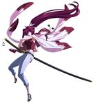  armpits camisole cape capri_pants french-bread full_body hair_ribbon hand_on_hilt high_heels long_hair official_art ootachi pants ponytail purple_eyes purple_hair ribbon sandals solo stiletto_heels sword under_night_in-birth very_long_hair weapon white_background yoshihara_seiichi yuzuriha_(under_night_in-birth) 