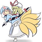  animal_ears bad_id bad_pixiv_id blonde_hair carrying cosplay faceless fox_tail gap hat long_hair lowres multiple_girls multiple_tails princess_carry saigyouji_yuyuko short_hair skirt tail touhou yakumo_ran yakumo_yukari yakumo_yukari_(cosplay) yuuma_(pumpkin) 