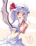  1girl bat_wings blush book fang flying_sweatdrops hat pointy_ears pornography red_eyes remilia_scarlet short_hair solo spoken_exclamation_mark touhou walzrj wings wrist_cuffs 