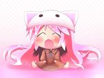  1girl animal_hat bad_id bad_pixiv_id barefoot cat_hat chibi closed_eyes dress hat highres long_hair megurine_luka megurine_luka_(toeto) no_nose open_mouth pink_hair ribbon sitting solo toeto_(vocaloid) vocaloid 
