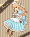  apron blonde_hair blue_eyes boots bow brown_background character_name dress felicia_(harvest_moon) fork hair_bow half_updo harvest_moon:_a_new_beginning ioriori long_hair maid_headdress plate solo striped striped_background vertical-striped_background vertical_stripes wrist_cuffs 