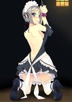  apron ass back bare_shoulders bdsm blush bob_cut bondage bound bound_wrists breasts butt_crack chain cuffs f-ism from_behind grey_eyes grey_hair high_heels highres kneeling looking_at_viewer looking_back maid maid_headdress murakami_suigun nipples no_bra no_panties open_clothes open_mouth original ribbon shoes short_hair skirt small_breasts solo thighhighs white_legwear 