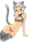  animal_ears arm_support bare_shoulders black_legwear branch_(blackrabbits) breasts brown_eyes cat_ears cat_tail cleavage final_fantasy final_fantasy_xi mithra navel open_mouth short_hair silver_hair simple_background sitting small_breasts solo tail thighhighs twintails white_background 