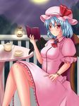  ascot bat_wings blouse blue_hair book bracelet brooch chair cup fence full_moon hand_on_thigh hat highres jewelry lamp looking_at_viewer mob_cap moon moonbeam moonlight night puffy_sleeves red_eyes remilia_scarlet ring sakashi_shinne short_hair short_sleeves skirt solo table teacup teapot touhou wings 