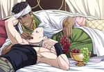  black_hair blue_eyes brown_eyes dark_skin dark_skinned_male feeding food fruit grapes grey_hair jean_pierre_polnareff jewelry jojo_no_kimyou_na_bouken mohammed_avdol multiple_boys necklace stardust_crusaders very_dark_skin zero1 