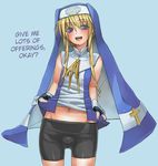  1boy arc_system_works bike_shorts blonde_hair blue_eyes blush bridget_(guilty_gear) bulge crossdressing fingerless_gloves gloves guilty_gear habit hard_translated hat highres long_hair male male_focus navel nun open_mouth shirt_lift short_hair smile solo taishi_(artist) translated trap 