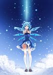  bad_id bad_pixiv_id blue_eyes blue_hair blue_panties blue_skirt bow cirno hair_bow ice ice_wings kneehighs kyon_(fuuran) looking_at_viewer mary_janes open_mouth outstretched_arms panties shirt shoes short_sleeves skirt snow snowing socks solo striped striped_panties touhou tree underwear white_legwear wind wind_lift wings 