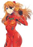  bangs blue_eyes bodysuit bracer breasts breasts_apart colored_eyelashes contrapposto covered_nipples cowboy_shot evangelion:_3.0_you_can_(not)_redo eyepatch floating_hair from_side gloves hair_between_eyes hand_on_own_thigh hand_up head_tilt headgear impossible_bodysuit impossible_clothes long_hair looking_at_viewer medium_breasts neon_genesis_evangelion number orange_hair parted_lips pilot_suit plugsuit pochi_(pochi-goya) rebuild_of_evangelion red_bodysuit shikinami_asuka_langley simple_background skin_tight solo souryuu_asuka_langley standing tape turtleneck two_side_up white_background 