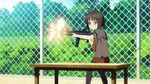  1girl ahoge animated animated_gif black_hair child firing gun h&amp;k_mp5 heckler_&amp;_koch loli mp5 mp5_(upotte!!) mp5k_(upotte!!) pantyhose school_uniform shooting short_hair solo submachine_gun table upotte!! weapon 