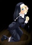  blonde_hair blue_eyes blush cross f-ism habit high_heels highres holding impossible_clothes kneeling leaning_forward murakami_suigun nun parted_lips praying rosary shadow shoes solo tears 