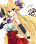  2girls animal_ears bare_hips bare_shoulders blonde_hair breasts detached_sleeves fox_ears fox_tail haik highres hip_vent izuna_(shinrabanshou) large_breasts long_hair matsuhime_mujina multiple_girls multiple_tails red_eyes scroll shinrabanshou simple_background smile tail white_background 