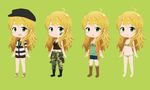  ahoge bad_id bad_pixiv_id barefoot beret bikini blonde_hair boots camisole camouflage cardigan cargo_pants chestnut_mouth chibi dog_tags facepaint green_eyes hat hoshii_miki idolmaster idolmaster_(classic) jewelry k@ito90p long_hair midriff navel necklace open_mouth pants shorts smile swimsuit 