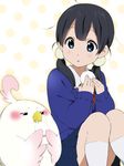  bird black_hair blue_eyes dera_mochimazzui food hair_ornament kisuke_(akutamu) kitashirakawa_tamako long_hair low_twintails mochi mole mole_on_neck school_uniform tamako_market twintails wagashi 