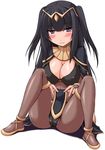 black_hair blush breasts cleavage fire_emblem fire_emblem:_kakusei kokorono_arika large_breasts looking_at_viewer parted_lips purple_eyes simple_background sitting smile solo tharja tiara white_background 