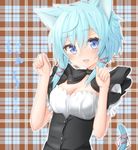  :d animal_ears aqua_eyes aqua_hair blush breasts cat_ears cleavage long_hair maid medium_breasts open_mouth paw_pose plaid plaid_background rateratte sinon sinon_(sao-alo) smile sword_art_online tail 