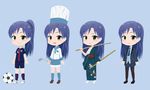  apron bad_id bad_pixiv_id blazer blue_hair brown_eyes chef_hat chef_uniform hat idolmaster idolmaster_(classic) jacket japanese_clothes k@ito90p katana kisaragi_chihaya long_hair necktie pantyhose ponytail shorts skirt soccer sword toque_blanche weapon 