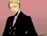  1boy cigarette color_background eyebrows formal male male_focus necktie one_piece pink_background sanji smoking solo suit 