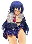  areola_slip areolae blue_hair blush breasts brown_eyes checkered checkered_skirt cleavage collarbone highres jacket long_hair long_sleeves looking_at_viewer love_live! love_live!_school_idol_project medium_breasts off_shoulder open_clothes open_mouth open_shirt otonokizaka_school_uniform panties school_uniform shirt skirt skirt_lift solo sonoda_umi tears umakatsuhai underwear very_long_hair wavy_mouth wet wet_clothes wet_panties wet_shirt wet_skirt white_background 