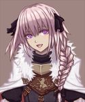  armor astolfo_(fate) bow braid cape fate/apocrypha fate_(series) hair_bow long_hair male_focus otoko_no_ko pink_hair purple_eyes single_braid solo yadokari4872 