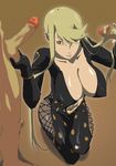  1girl blonde_hair bodysuit breasts caressing_testicles censored cleavage erection gangbang group_sex hairjob highres kasuga kneeling kyabakurabakufu large_breasts long_hair penis sengoku_basara sex simple_background standing sweat threesome yellow_eyes 