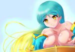  alternate_hairstyle aqua_hair bare_shoulders blonde_hair blush breasts collarbone detached_sleeves gradient_hair instrument large_breasts league_of_legends long_hair multicolored_hair nipples smile solo sona_buvelle xano yellow_eyes 
