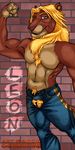  anthro arm_flex blonde_hair blone_mane clothed clothing feline flexing hair half-dressed leon lion male mammal mane muscles pants pose solo topless 