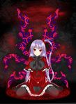 black_legwear blood bloody_tears breasts capelet dress gmot hair_bobbles hair_ornament highres large_breasts long_hair magic_circle pantyhose red_capelet red_eyes shinki side_ponytail silver_hair sitting smile solo tears touhou touhou_(pc-98) wariza wings 