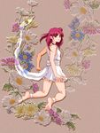  ankleband anklet barefoot breasts dress feet flower jewelry kneeling looking_back magi_the_labyrinth_of_magic morgiana one_side_up red_eyes red_hair sideboob small_breasts soles solo white_dress 