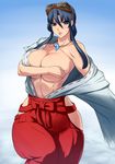  black_hair blue_eyes breasts covering covering_breasts curvy goggles huge_breasts koyori long_hair mafen magatama sengoku_ace sengoku_blade solo sweat topless wide_hips 