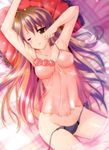  absurdres armpits babydoll bed breasts brown_eyes brown_hair camisole golden_time highres kaga_kouko komatsu_eiji lowleg lowleg_panties lying medium_breasts panties parted_lips pillow pink_babydoll purple_panties red_pillow see-through side-tie_panties solo underwear untied waking_up 