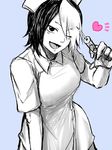  1girl fairy_tail mary_hughes monochrome multicolored_hair nurse open_mouth short_hair simple_background solo syringe wink 