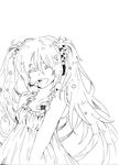  closed_eyes flower hatsune_miku hibarisann lineart long_hair monochrome open_mouth smile solo twintails very_long_hair vocaloid 
