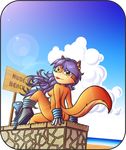  breasts butt canine carmelita_fox cloud female fox gloves hair lipstick long_hair looking_at_viewer mammal sand seaside shoes side_boob sign sly_cooper sly_cooper_(series) solo water 
