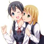  :p ;d black_hair blonde_hair blue_eyes blush green_eyes hair_ornament highres kitashirakawa_tamako long_hair low_twintails mole mole_on_neck multiple_girls one_eye_closed open_mouth sayousuke school_uniform short_hair smile tamako_market tokiwa_midori tongue tongue_out twintails 