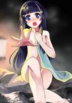  aoki_reika bad_id bad_pixiv_id blue_eyes blue_hair blush flat_chest hair_ornament hairclip long_hair navel nipples nude onsen open_mouth outstretched_arm precure sasamaru_chimaki sitting smile_precure! solo towel water 