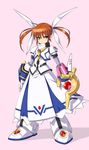  adapted_costume alternate_weapon brown_hair hair_ribbon long_skirt lyrical_nanoha magical_girl mahou_shoujo_lyrical_nanoha nekomamire purple_background purple_eyes raising_heart ribbon rockman short_hair short_twintails simple_background skirt skirt_set smile solo takamachi_nanoha twintails weapon 