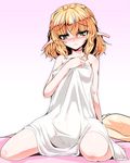  blonde_hair blush breasts cleft_of_venus collarbone covered_nipples covering gradient gradient_background green_eyes long_pointy_ears looking_at_viewer medium_breasts mizuhashi_parsee navel nipples nude_cover pointy_ears pubic_hair pussy see-through sitting solo tanaka_ginji touhou towel wariza 