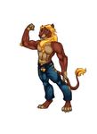  anthro arm_flex blonde_hair chest clothed clothing feline flexing hair half-dressed lion male mammal muscles pants plain_background pose solo topless white_background 